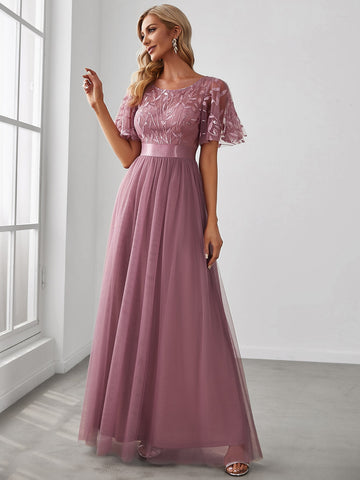 EVER-PRETTY Embroidery & Sequin Bodice Mesh Prom Dress