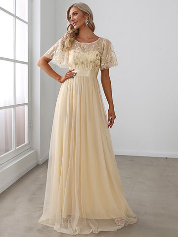 EVER-PRETTY Embroidery & Sequin Bodice Mesh Prom Dress
