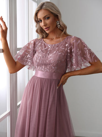 EVER-PRETTY Embroidery & Sequin Bodice Mesh Prom Dress