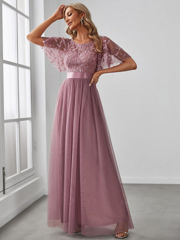EVER-PRETTY Embroidery & Sequin Bodice Mesh Prom Dress