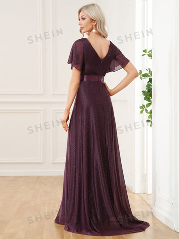 EVER-PRETTY Flounce Sleeves Pleated Detail Bridesmaid Dress
