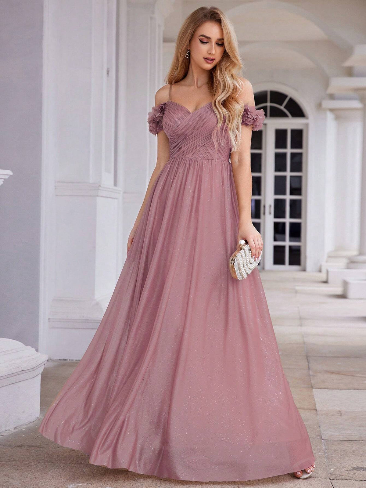 EVER-PRETTY Flower Off Shoulder Strap Bridesmaid Dress With Backless Design