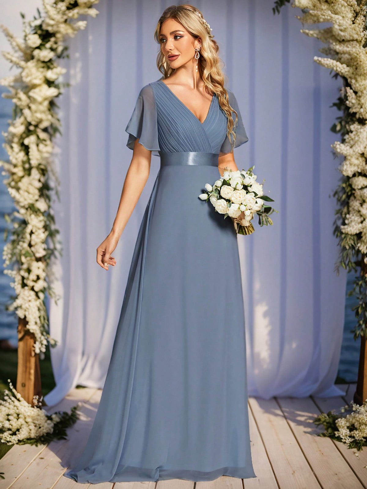 EVER-PRETTY Flutter Sleeve Plisse V-back Maxi Chiffon Bridesmaid Dress