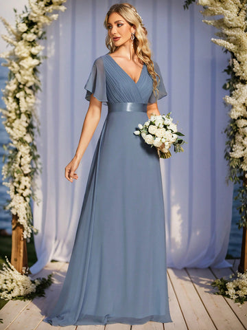 EVER-PRETTY Flutter Sleeve Plisse V-back Maxi Chiffon Bridesmaid Dress