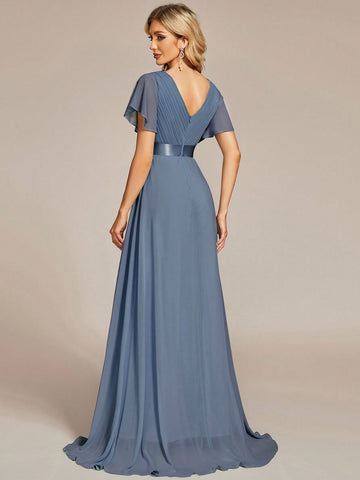 EVER-PRETTY Flutter Sleeve Plisse V-back Maxi Chiffon Bridesmaid Dress