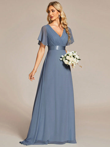 EVER-PRETTY Flutter Sleeve Plisse V-back Maxi Chiffon Bridesmaid Dress