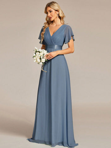EVER-PRETTY Flutter Sleeve Plisse V-back Maxi Chiffon Bridesmaid Dress