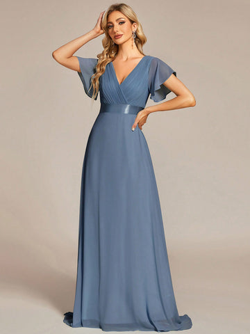 EVER-PRETTY Flutter Sleeve Plisse V-back Maxi Chiffon Bridesmaid Dress
