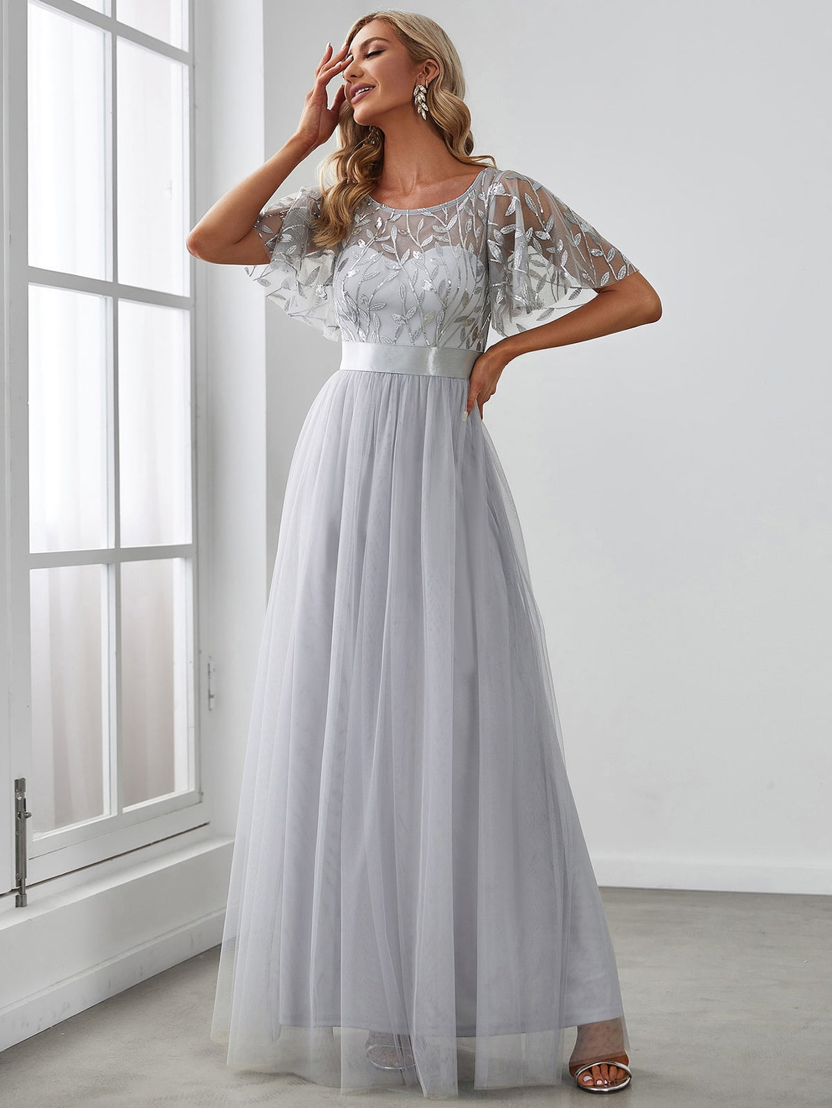 EVER-PRETTY Flutter Sleeve Sequin Mesh Prom Dress