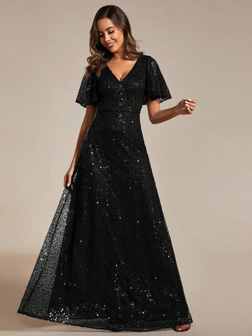 EVER-PRETTY Glittery Mermaid Evening Dress With Ruffle V-Neckline, Defined Waistline And Elegant Sleeves