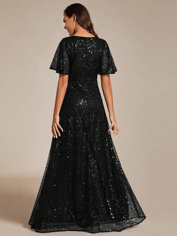 EVER-PRETTY Glittery Mermaid Evening Dress With Ruffle V-Neckline, Defined Waistline And Elegant Sleeves