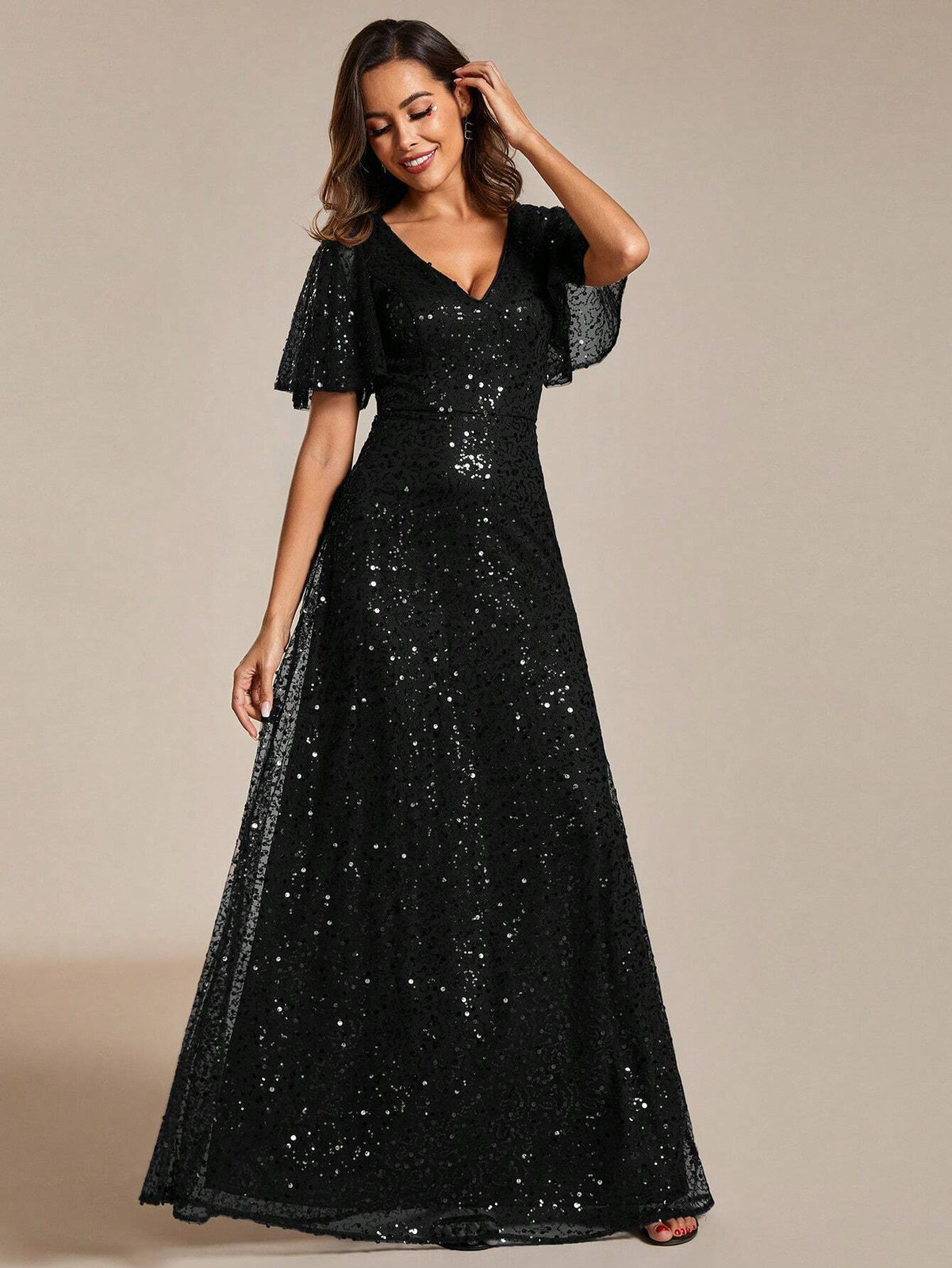EVER-PRETTY Glittery Mermaid Evening Dress With Ruffle V-Neckline, Defined Waistline And Elegant Sleeves