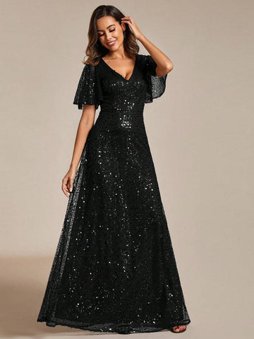 EVER-PRETTY Glittery Mermaid Evening Dress With Ruffle V-Neckline, Defined Waistline And Elegant Sleeves