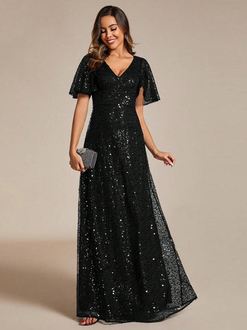 EVER-PRETTY Glittery Mermaid Evening Dress With Ruffle V-Neckline, Defined Waistline And Elegant Sleeves