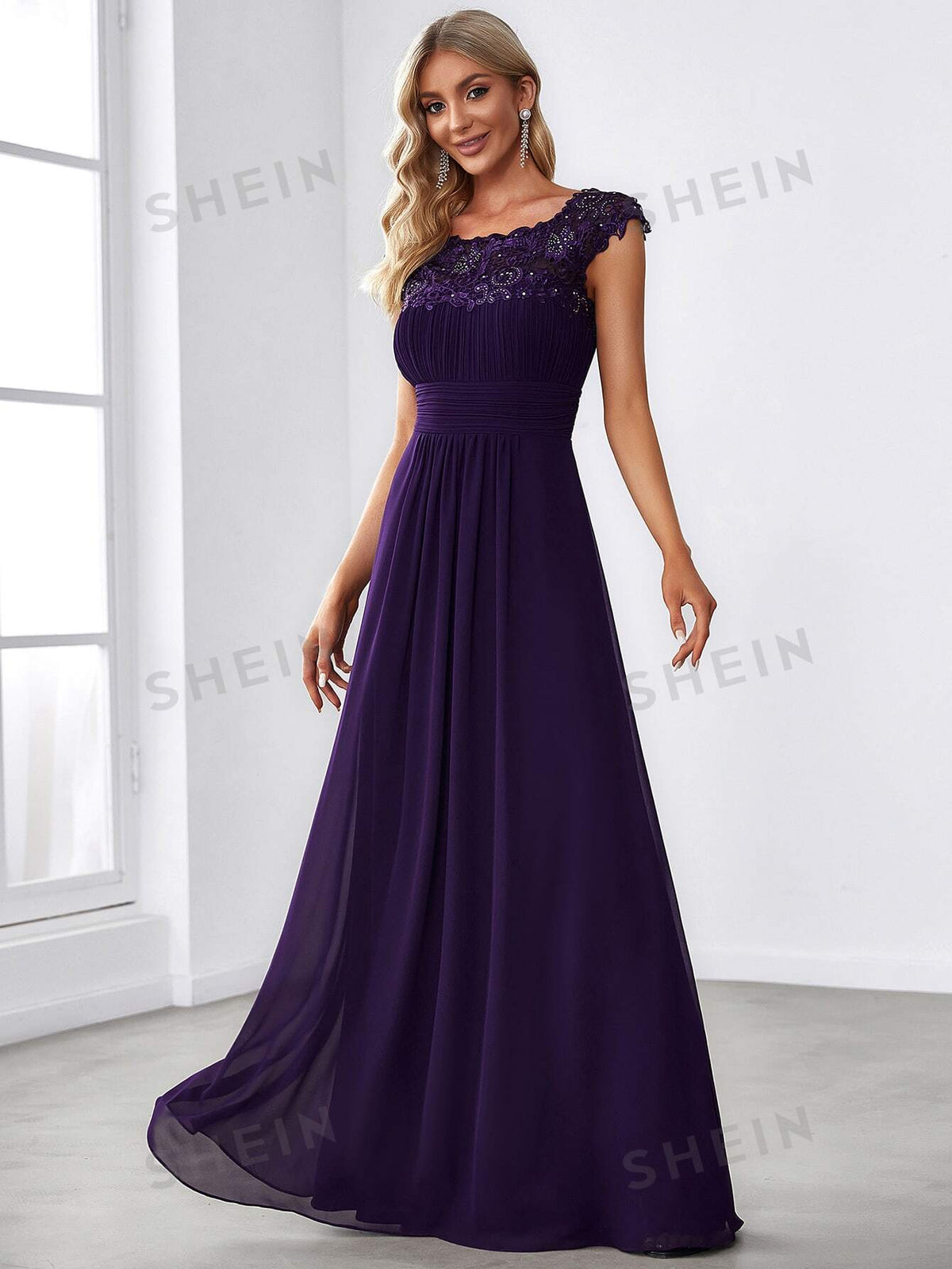 EVER-PRETTY Guipure Lace Yoke Cutout Back Chiffon Bridesmaid Dress