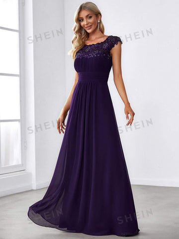EVER-PRETTY Guipure Lace Yoke Cutout Back Chiffon Bridesmaid Dress