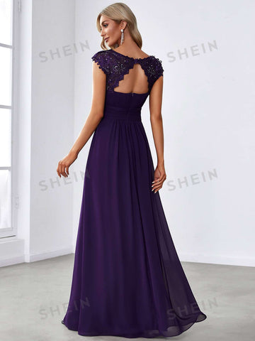 EVER-PRETTY Guipure Lace Yoke Cutout Back Chiffon Bridesmaid Dress