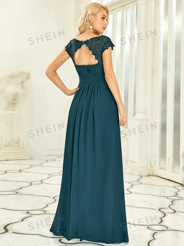 EVER-PRETTY Guipure Lace Yoke Cutout Back Chiffon Bridesmaid Dress