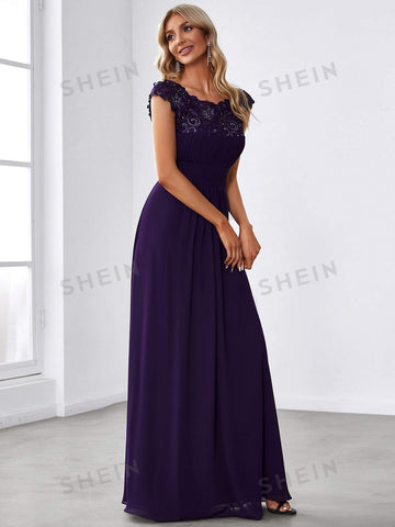 EVER-PRETTY Guipure Lace Yoke Cutout Back Chiffon Bridesmaid Dress