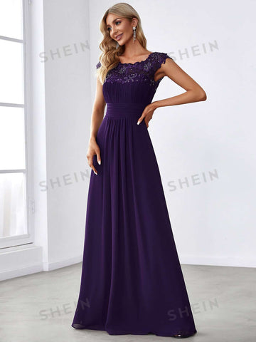 EVER-PRETTY Guipure Lace Yoke Cutout Back Chiffon Bridesmaid Dress