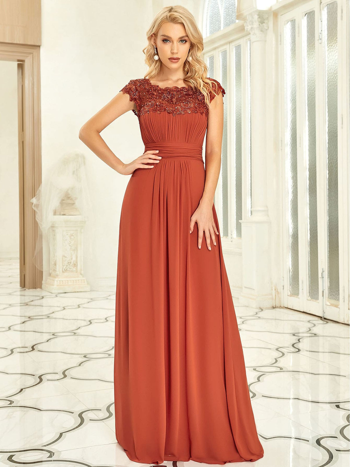 EVER-PRETTY Guipure Lace Yoke Cutout Back Chiffon Formal Dress