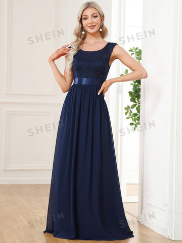EVER-PRETTY High Waist V-back Lace Bodice Chiffon Bridesmaid Dress