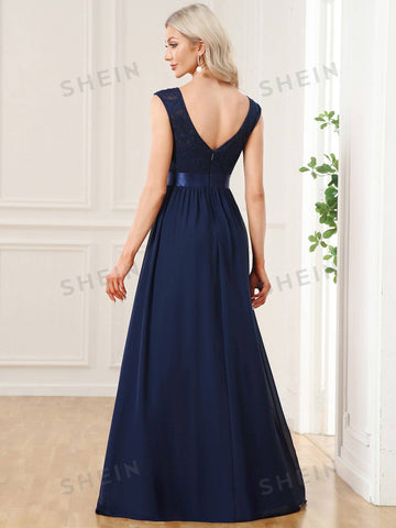 EVER-PRETTY High Waist V-back Lace Bodice Chiffon Bridesmaid Dress