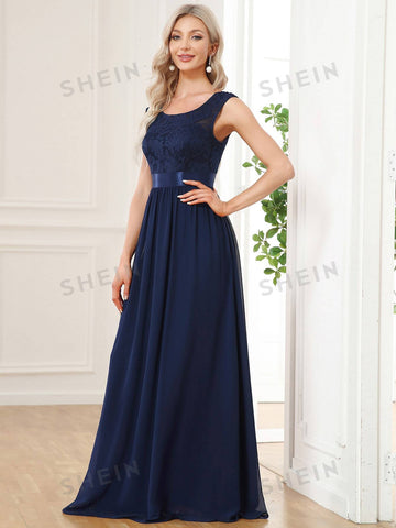 EVER-PRETTY High Waist V-back Lace Bodice Chiffon Bridesmaid Dress