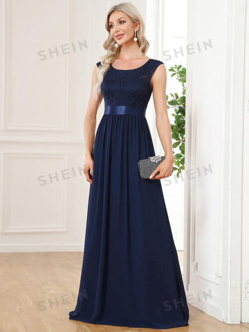EVER-PRETTY High Waist V-back Lace Bodice Chiffon Bridesmaid Dress