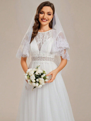 EVER-PRETTY Lace Appliques Contrast Mesh Wedding Dress