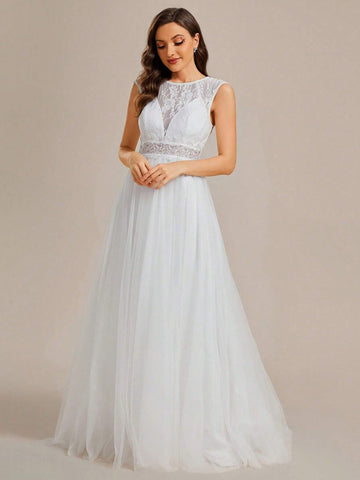 EVER-PRETTY Lace Appliques Contrast Mesh Wedding Dress
