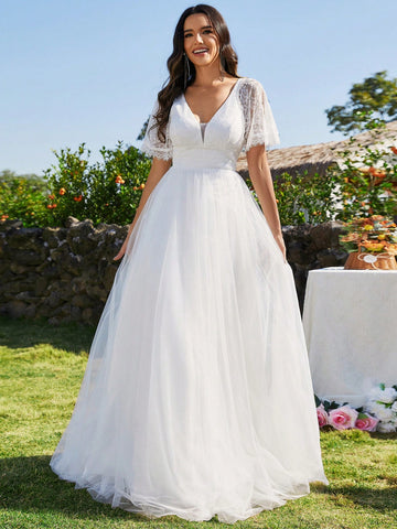 EVER-PRETTY Lace Contrast Mesh Appliques Wedding Dress