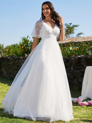 EVER-PRETTY Lace Contrast Mesh Appliques Wedding Dress