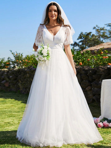 EVER-PRETTY Lace Contrast Mesh Appliques Wedding Dress