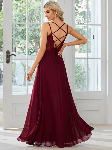 EVER-PRETTY Lace Up Backless Ruched Bust Cami Bridesmaid Dress
