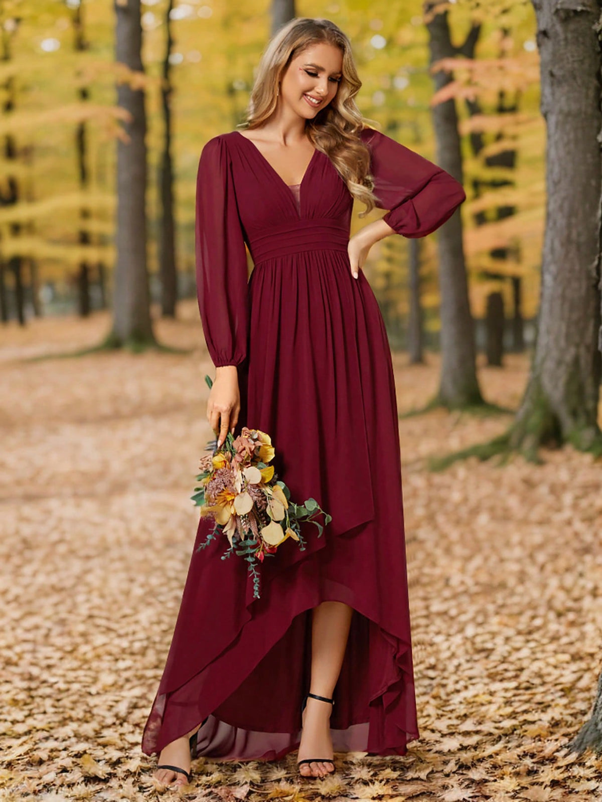EVER-PRETTY Lantern Sleeve High Low Hem Chiffon Bridesmaid Dress