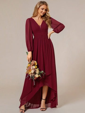 EVER-PRETTY Lantern Sleeve High Low Hem Chiffon Bridesmaid Dress