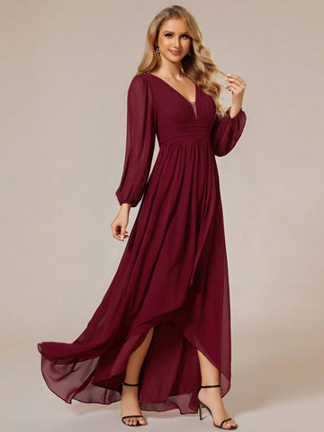 EVER-PRETTY Lantern Sleeve High Low Hem Chiffon Bridesmaid Dress