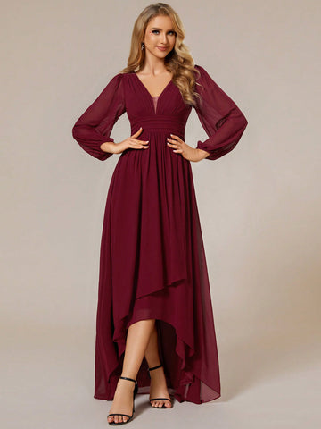 EVER-PRETTY Lantern Sleeve High Low Hem Chiffon Bridesmaid Dress