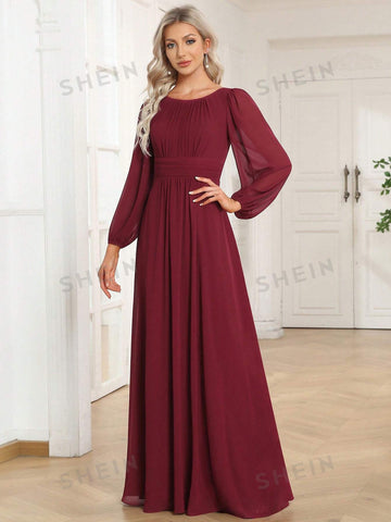 EVER-PRETTY Lantern Sleeve Pleated Chiffon Bridesmaid Dress