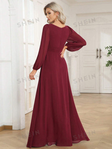 EVER-PRETTY Lantern Sleeve Pleated Chiffon Bridesmaid Dress
