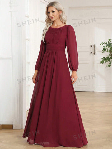 EVER-PRETTY Lantern Sleeve Pleated Chiffon Bridesmaid Dress