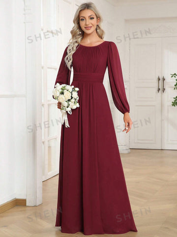 EVER-PRETTY Lantern Sleeve Pleated Chiffon Bridesmaid Dress
