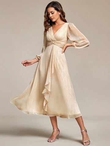 EVER-PRETTY Lantern Sleeve Ruffle Trim Wrap Hem Bridesmaid Dress
