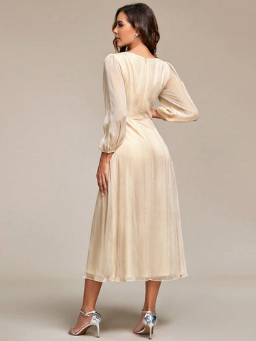 EVER-PRETTY Lantern Sleeve Ruffle Trim Wrap Hem Bridesmaid Dress