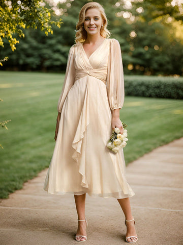 EVER-PRETTY Lantern Sleeve Ruffle Trim Wrap Hem Bridesmaid Dress