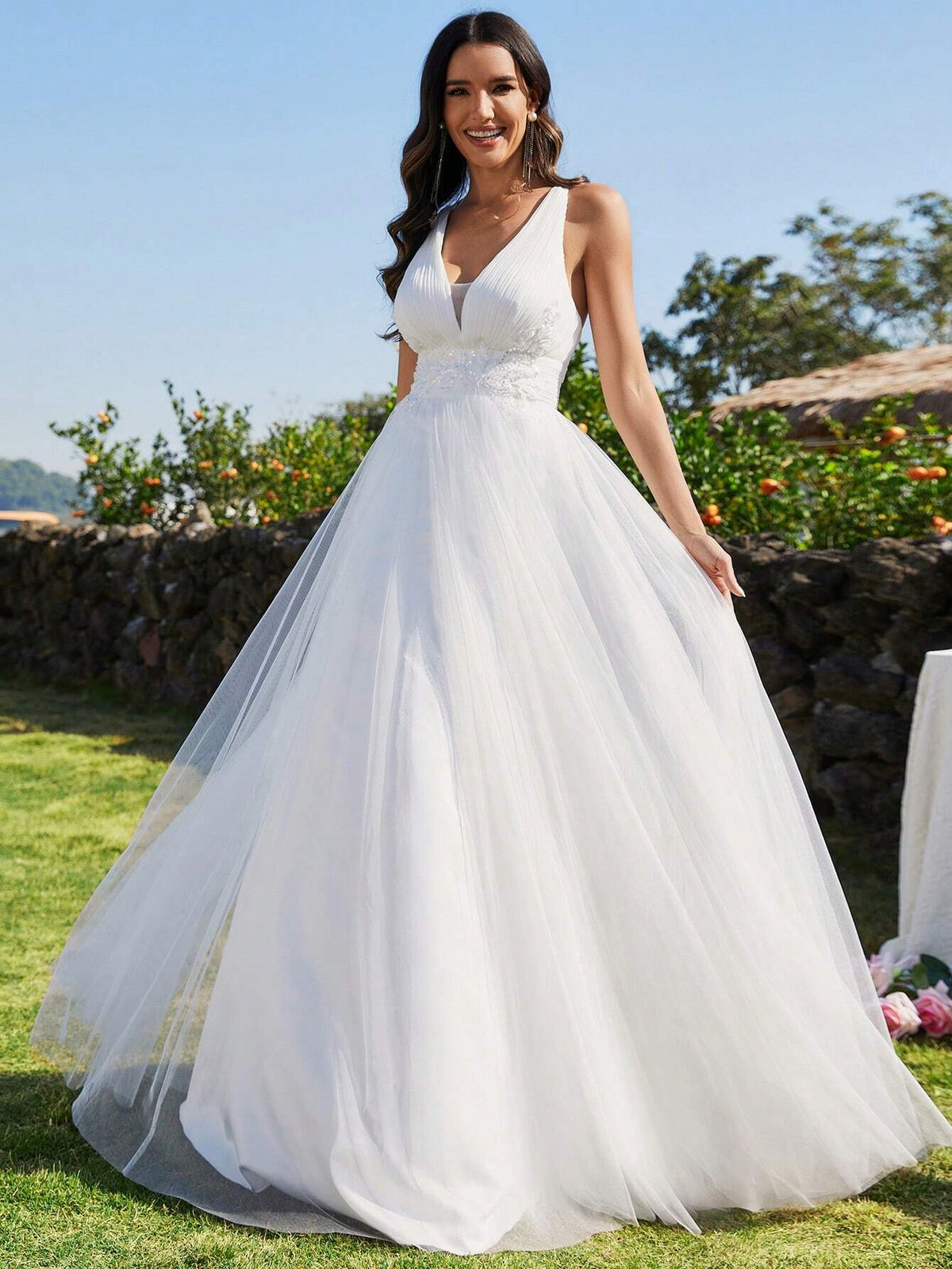 EVER-PRETTY Low Back Lace Bodice Mesh Wedding Dress