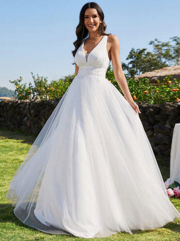 EVER-PRETTY Low Back Lace Bodice Mesh Wedding Dress
