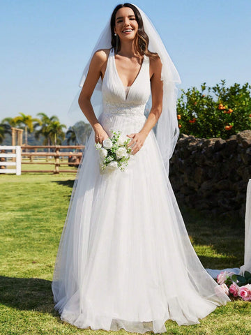 EVER-PRETTY Low Back Lace Bodice Mesh Wedding Dress