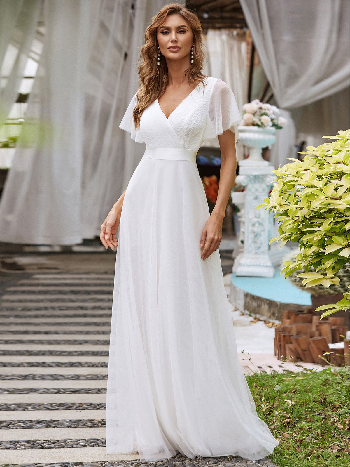 EVER-PRETTY Low Back Surplice Neck Ruched Mesh Prom Dress